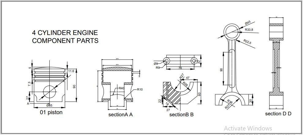 4 cylinder engine component parts drawing in AutoCAD: piston, connecting rod and sections