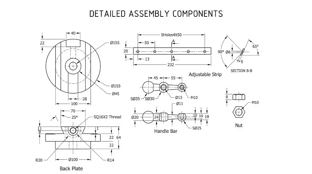 Detailed assembly components drawing: back plate, adjustable strip, handle bar and nut