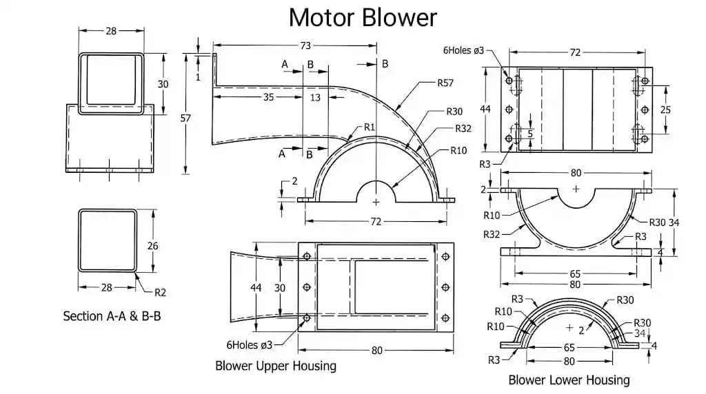 Motor blower drawing with upper and lower housing and sections