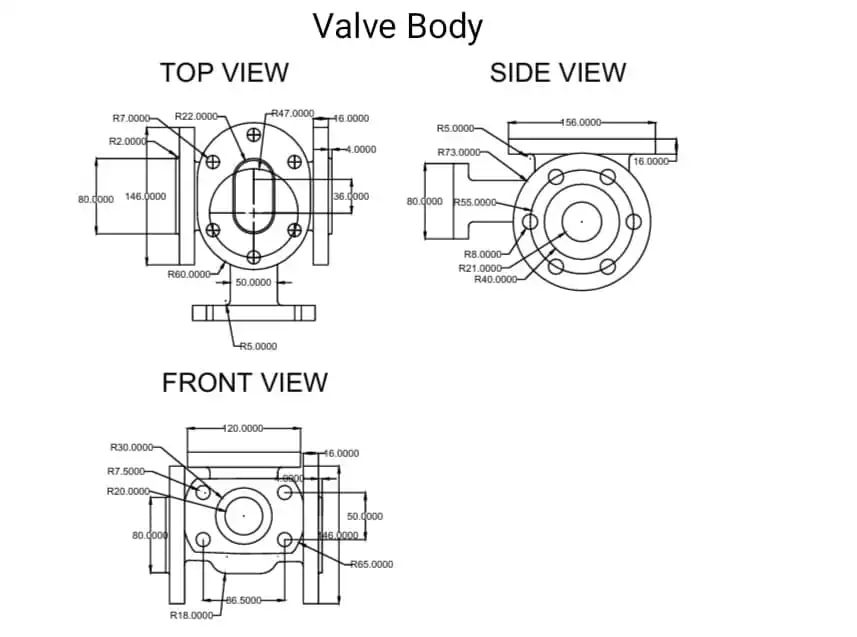 Valve body drawing with top, side and front views