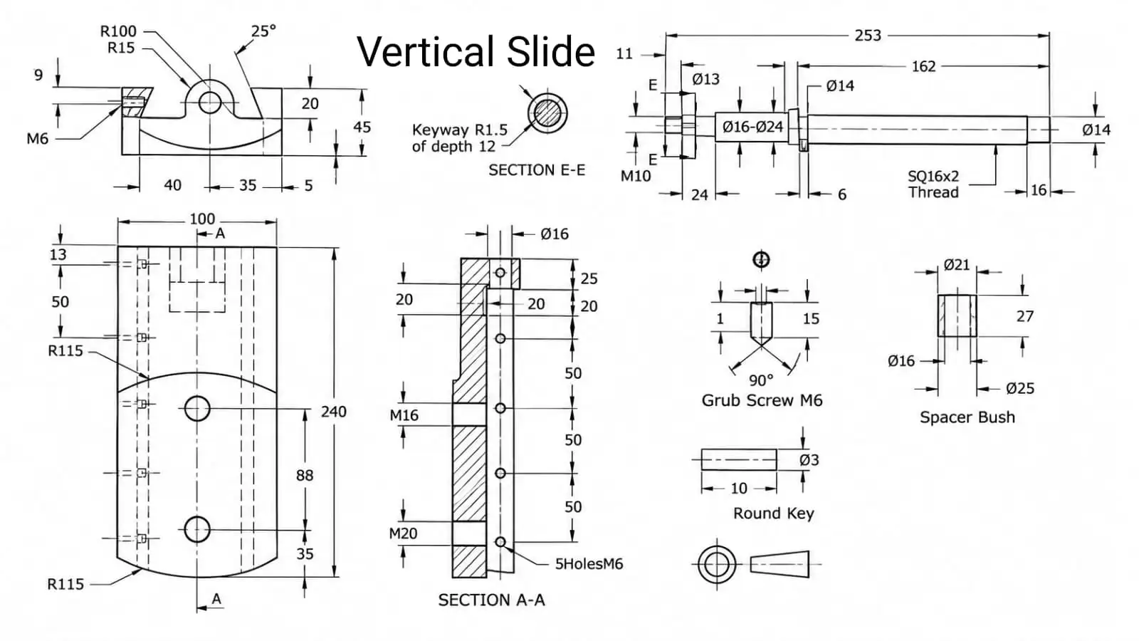 Vertical slide assembly drawing with section views, grub screw, round key and spacer bush