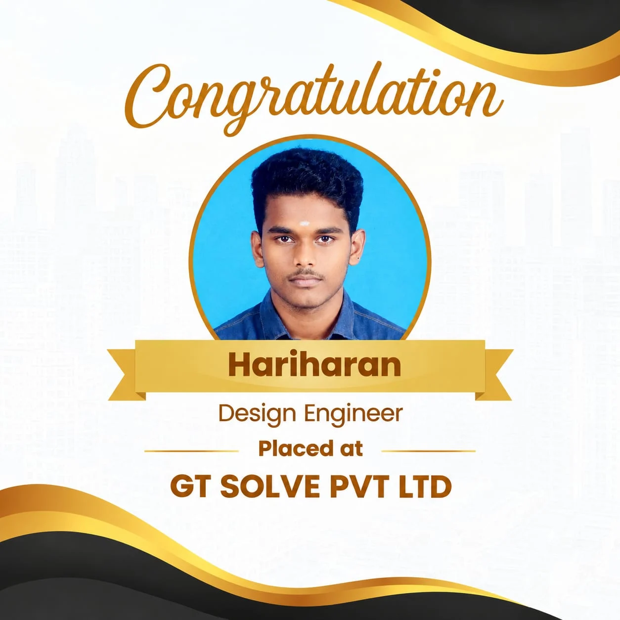 Hariharan, Design Engineer, placed at GT Solve Pvt Ltd